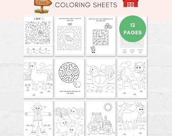 Paquete de actividades de animales de granja, Dibujos para colorear de animales de granja, Hoja de trabajo de granja, Actividad imprimible de la granja, Imprimible de animales