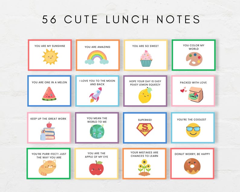 These Lunchbox notes are a perfect way to brighten your child's day! Simply print and cut, add a note at back or leave it blank. You will also receive a bonus blank sheet to write your own notes, print as many time as you need.