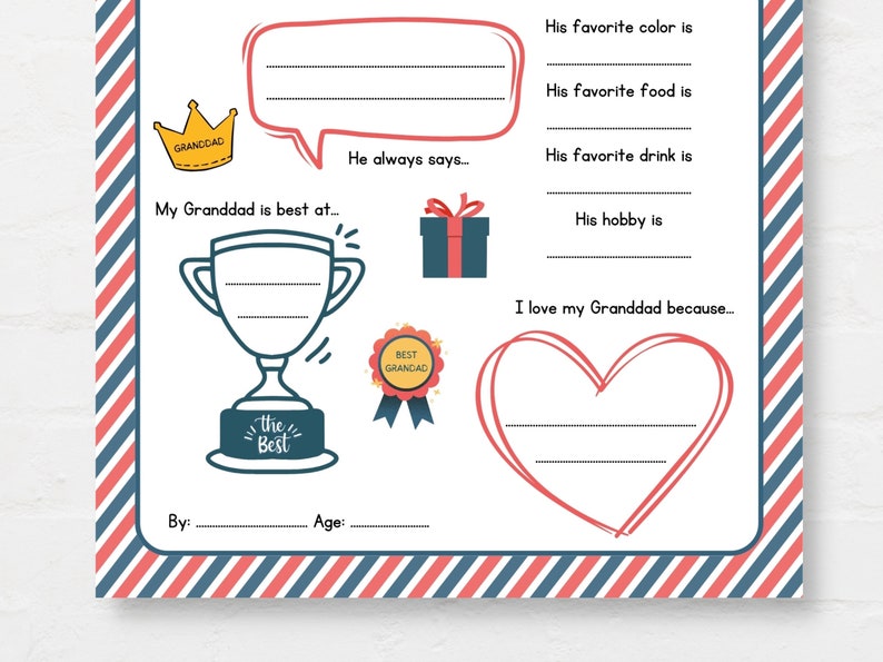 Keep kids engage with this Kids Fathers Day Printable, ‘All About Granddad’! This delightful childrens grandad interview activity is a perfect way for little ones to express their love and appreciation.