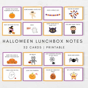 May include: A collection of 16 Halloween-themed lunchbox notes with various illustrations and phrases. Each card features a different design, including pumpkins, ghosts, cats, and monsters. The notes are set against a white background with purple and orange borders.