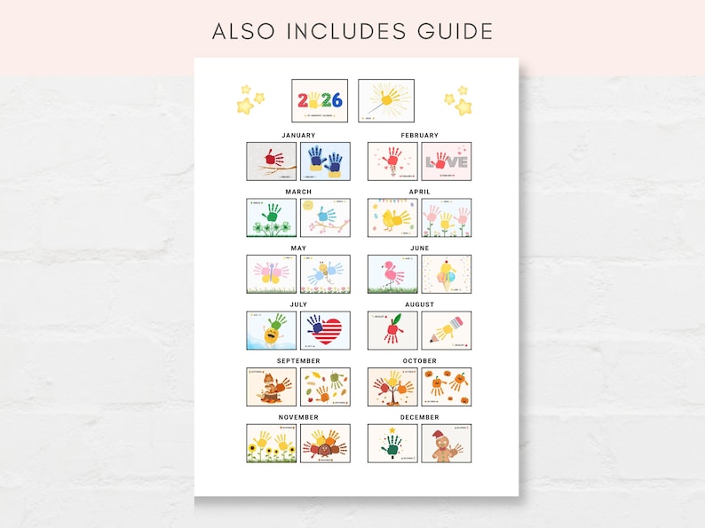 Celebrate your child’s growth with this handprint calendar for 2027!
This  handprint calendar allows you to create lasting memories with your child’s handprints each month. Simply add your child’s handprints to this printable handprint calendar, and you’ll have a unique, creative, and meaningful way to celebrate the year.