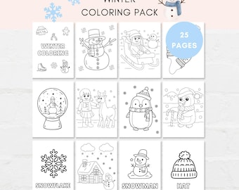 May include: A winter coloring pack with 25 pages. The image shows a collection of coloring pages featuring winter-themed illustrations, including snowmen, snowflakes, and winter scenes. The pages are designed for coloring and creative expression.