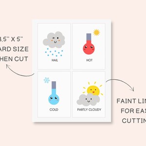 Puede incluir: Cuatro tarjetas de clima imprimibles de 3,5" x 5" con lindas ilustraciones de granizo, calor, fr&iacute;o y clima parcialmente nublado. Cada tarjeta tiene l&iacute;neas tenues para un corte f&aacute;cil.
