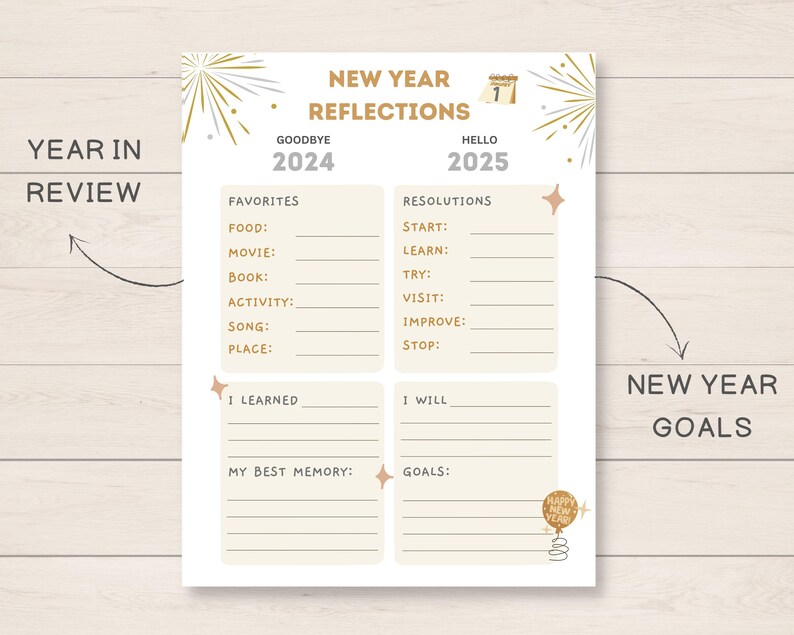 This fun New Year Activity is a perfect way to keep kids engaged on New Years Eve/ Holidays. The PDF has 2024 Year in Review section as well as 2025 goals and resolutions.
