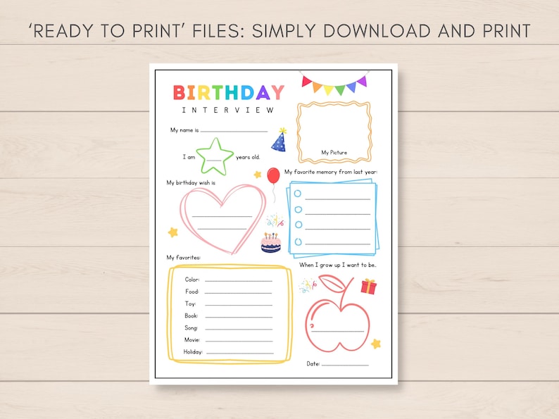 Celebrate your childs special day with this Kids Birthday Interview Printable! This fun and engaging keepsake is the perfect way to capture your little ones favorites, and milestones on their birthday.