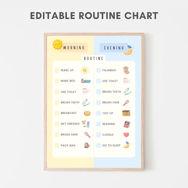 Tableau de routine du coucher, tableau de routine modifiable, routine quotidienne, routine matinale pour enfants, planificateur quotidien pour enfants, routine scolaire, horaires quotidiens pour enfants