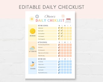 May include: A colorful daily checklist with the text "EDITABLE DAILY CHECKLIST" at the top. The checklist is divided into morning, afternoon, and evening sections, with tasks like "Make bed" and "Eat dinner". Includes a sun, moon, and calendar illustrations.