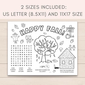 Keep your kids entertained this fall with our fun fall activity placemat! Perfect for a Thanksgiving gatherings, fall parties, or even a cozy afternoon at home. This placemat features a variety of fall activities and coloring pages.