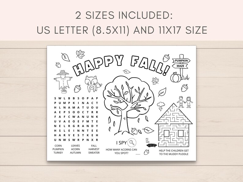 Keep your kids entertained this fall with our fun fall activity placemat! Perfect for a Thanksgiving gatherings, fall parties, or even a cozy afternoon at home. This placemat features a variety of fall activities and coloring pages.