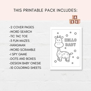 Keep the kids entertained at baby shower with this printable activity pack! This pack includes 10 fun and engaging games as well as 10 beautiful coloring sheets featuring baby shower-themed designs. It can also be used as a party favor.