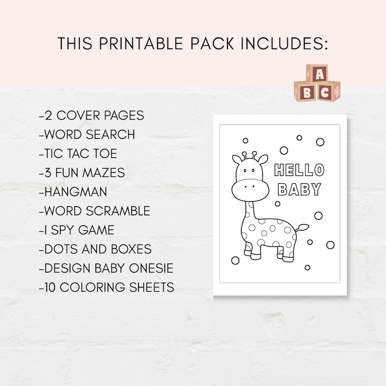 Keep the kids entertained at baby shower with this printable activity pack! This pack includes 10 fun and engaging games as well as 10 beautiful coloring sheets featuring baby shower-themed designs. It can also be used as a party favor.