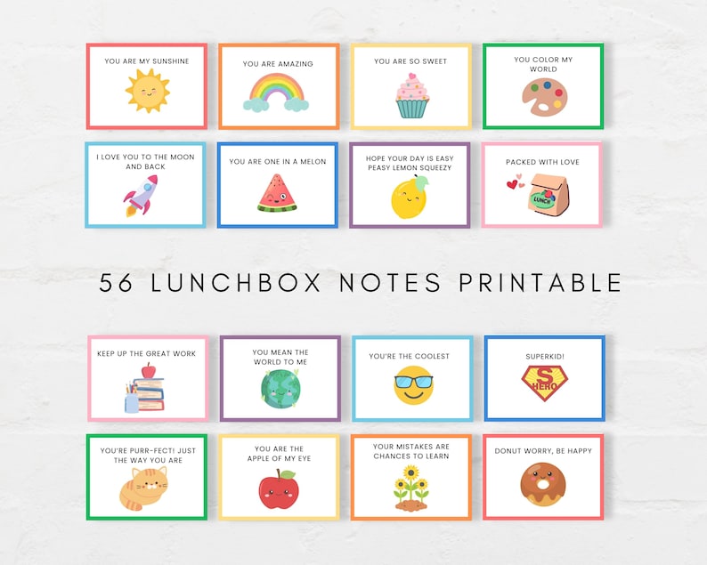 These Lunchbox notes are a perfect way to brighten your child's day! Simply print and cut, add a note at back or leave it blank. You will also receive a bonus blank sheet to write your own notes, print as many time as you need.