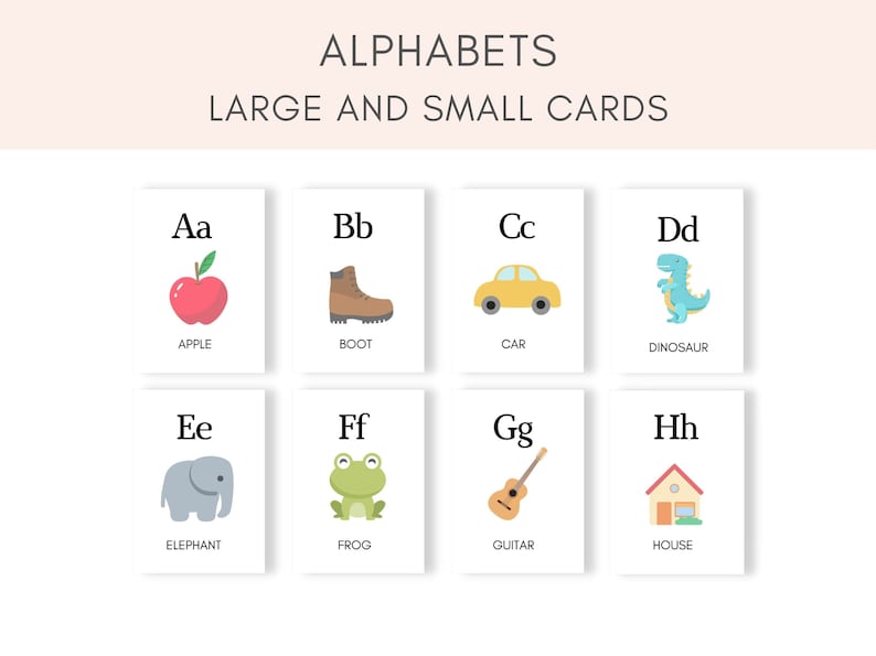 May include: Eight alphabet flashcards with uppercase and lowercase letters, each featuring a colorful illustration and the name of the object. The letters are A, B, C, D, E, F, G, and H. The illustrations are an apple, a boot, a car, a dinosaur, an elephant, a frog, a guitar, and a house.