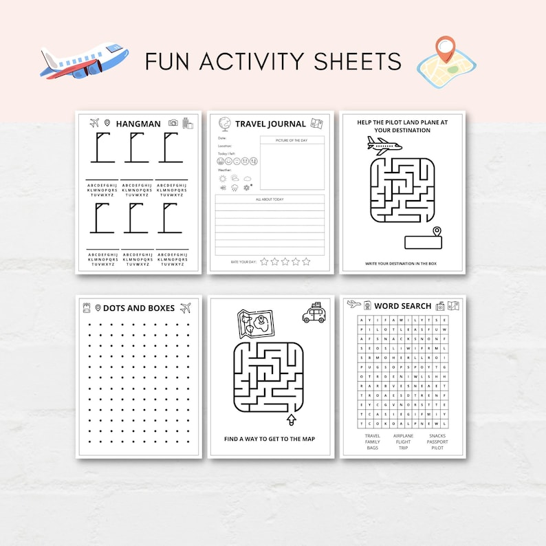 Keep kids busy while travelling with this Airplane Activities Printable Pack. This comprehensive pack is filled with fun games and coloring sheets designed to keep little ones entertained during long trips and flights.