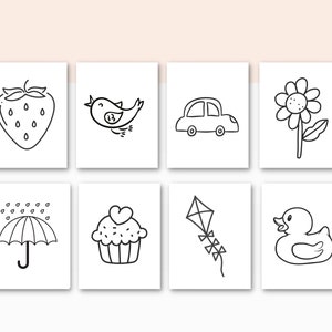 May include: Black and white line drawings of various objects, including a strawberry, a bird, a car, a flower, an umbrella, a cupcake, a kite, and a rubber ducky.