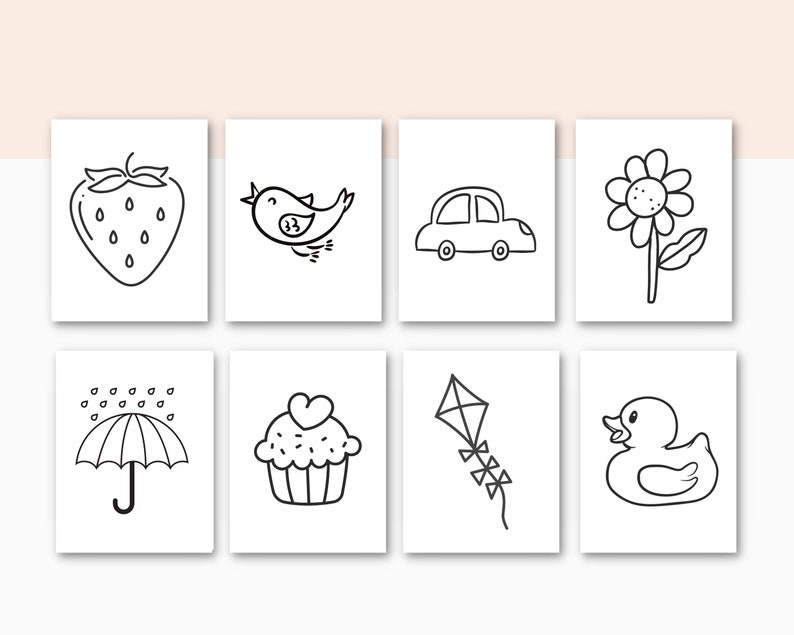 May include: Black and white line drawings of various objects, including a strawberry, a bird, a car, a flower, an umbrella, a cupcake, a kite, and a rubber ducky.