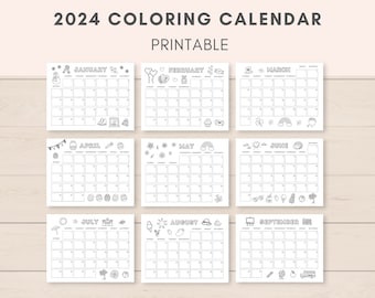 Coloring Calendar 2024, Calendar Printable, Kids Calendar, 12 Month Calendar, Homeschool Calendar, 2024 Calendar, Kids Coloring Sheet