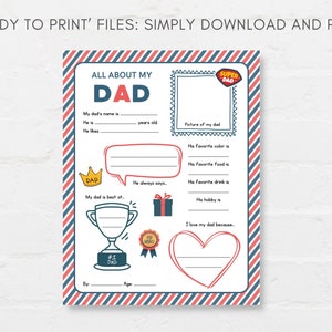 Keep kids engage with this Kids Fathers Day Printable, ‘All About Dad’! This delightful childrens Dad interview activity is a perfect way for little ones to express their love and appreciation.
