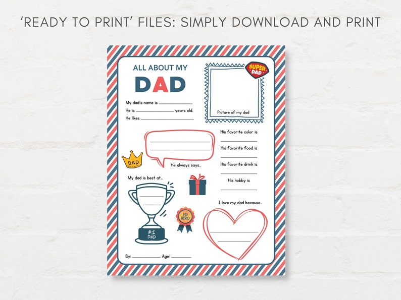 Keep kids engage with this Kids Fathers Day Printable, ‘All About Dad’! This delightful childrens Dad interview activity is a perfect way for little ones to express their love and appreciation.