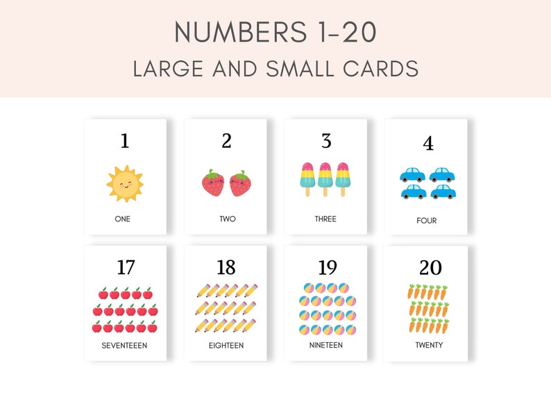 May include: A set of 20 printable flashcards featuring numbers 1-20 with corresponding illustrations and the number spelled out. The cards are designed for learning and teaching counting skills.