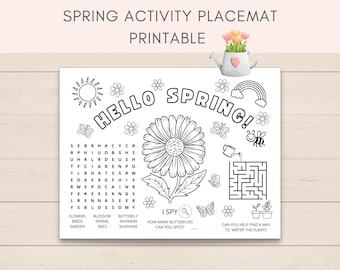 Mantel individual de primavera, Actividad de primavera, Juegos de primavera, Mantel individual imprimible, Hola primavera para niños, Colorear en primavera, Búsqueda de palabras, Imprimible de primavera