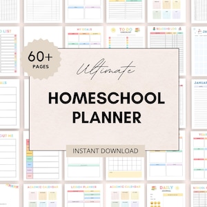 May include: A collection of printable homeschool planner pages with pastel color accents. The title "Ultimate Homeschool Planner" is displayed prominently, along with "60+ Pages" and "Instant Download". Various planning templates are visible.