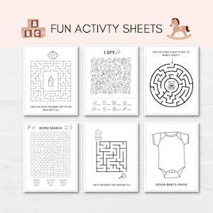 Keep the kids entertained at baby shower with this baby shower activity book! This pack includes 10 fun and engaging games as well as 10 beautiful coloring sheets featuring baby shower-themed designs.