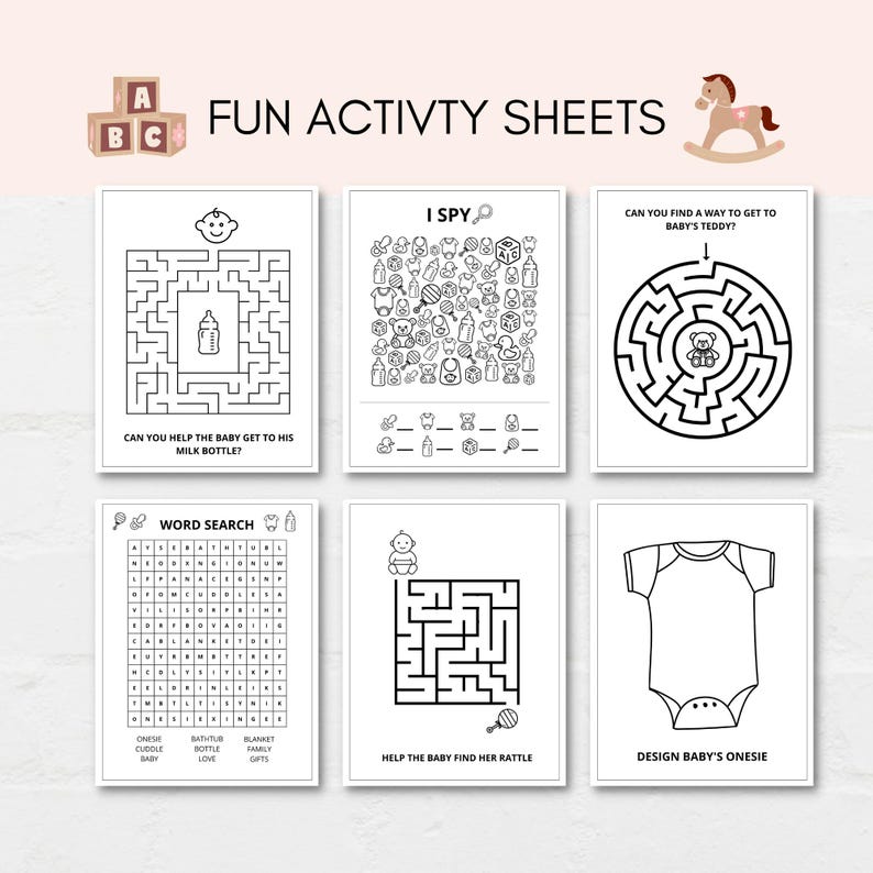 Keep the kids entertained at baby shower with this baby shower activity book! This pack includes 10 fun and engaging games as well as 10 beautiful coloring sheets featuring baby shower-themed designs.