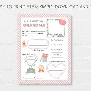 Keep kids engage with this Kids Mothers Day Printable, ‘All About Grandma’! This delightful childrens grandma interview activity is a perfect way for little ones to express their love and appreciation.