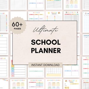 Pode incluir: Um planejador escolar digital com mais de 60 páginas, com uma variedade de modelos para organização. O planejador inclui seções para metas, listas de tarefas e calendários. O texto "Ultimate School Planner" é exibido de forma proeminente.