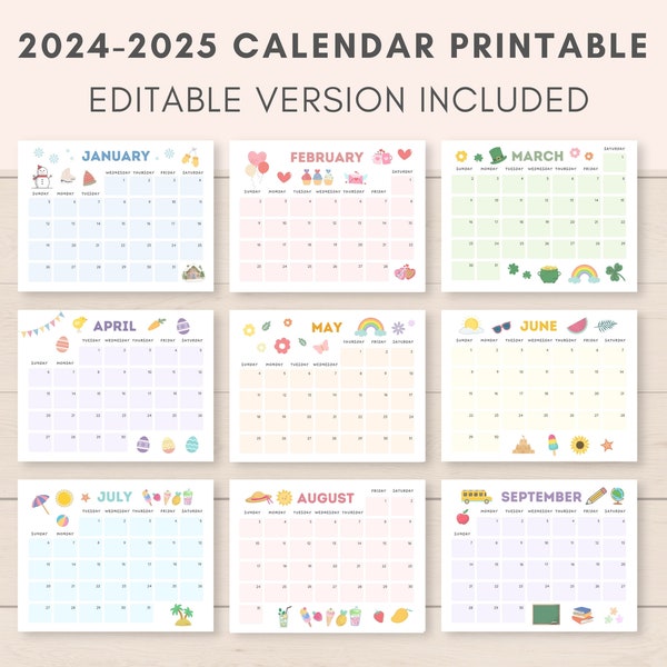 Calendrier 2024-2025 imprimable, calendrier imprimable, calendrier modifiable, calendrier 2024, calendrier 2025, agenda 2024 2025, calendrier mensuel, PDF