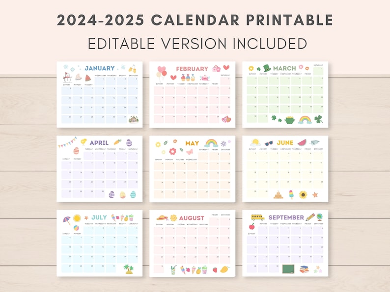 2024-2025 Calendar Printable, Printable Calendar, Editable Calendar, 2024 Calendar, 2025 Calendar, 2024 2025 Planner, Monthly Calendar, PDF