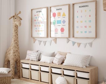 Educational Posters, Set of 3 Educational Print, Alphabet, Shapes and Number Poster, Alphabet Poster, Number Poster, Shapes Poster, Kids Art