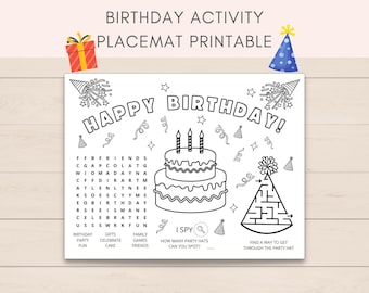Birthday Activity Placemat, Birthday Game, Birthday Party, Printable Birthday, Kids Placemats Printable, Birthday Coloring, Party Favors