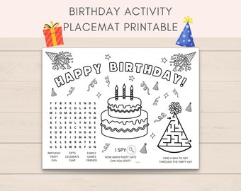 Placemat de actividad de cumpleaños, juego de cumpleaños, fiesta de cumpleaños, cumpleaños imprimible, manteles individuales para niños imprimibles, colorear de cumpleaños, favores de fiesta
