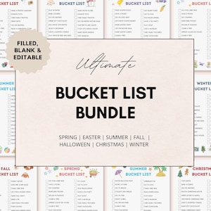 Make every season magical for your kids with this ultimate Bucket list Bundle! This digital download includes 7 beautifully designed bucket lists to help kids discover new adventures and make unforgettable memories all year round.  It includes Spring Bucket list,  Easter Bucket list,  Summer Bucket list,  Fall Bucket list, Halloween Bucket list, Christmas Bucket list and Winter Bucket list.