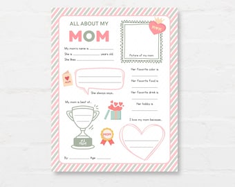 All About Mom Printable, Mother’s Day Questionnaire, All about my Mom, Mothers day Activity, Kids Mothers day, Mothers Day Printable