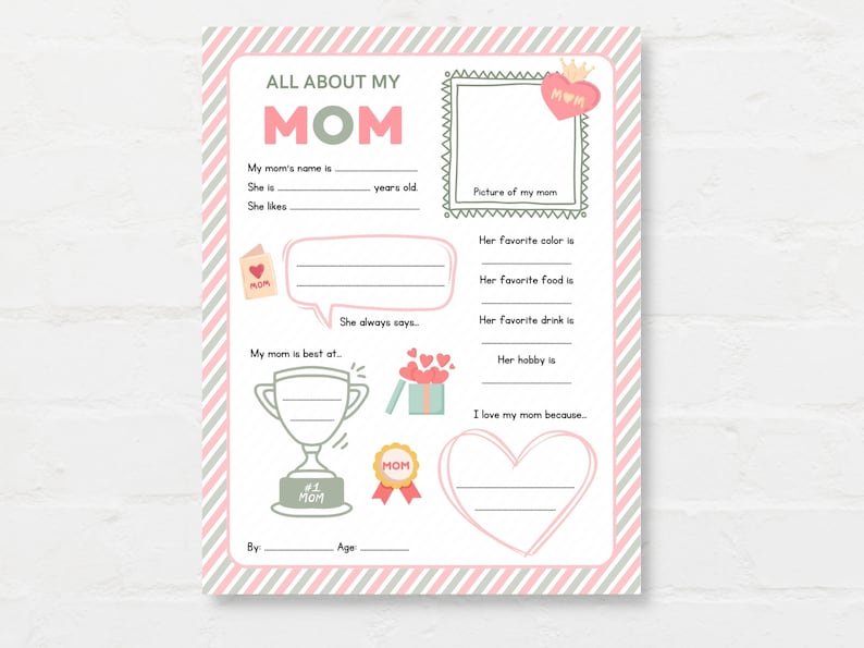 Keep kids engage with this Kids Mothers Day Printable, ‘All About Mom’! This delightful childrens Mom interview activity is a perfect way for little ones to express their love and appreciation.