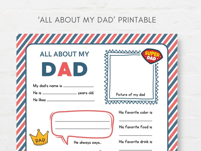 Keep kids engage with this Kids Fathers Day Printable, ‘All About Dad’! This delightful childrens Dad interview activity is a perfect way for little ones to express their love and appreciation.