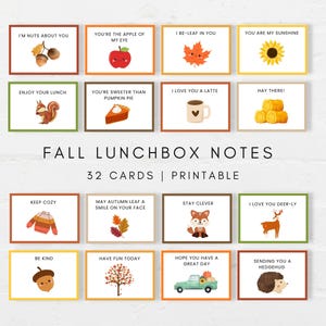 以下が含まれることがあります： 秋をテーマにした、印刷可能なランチボックスノート32枚のコレクション。各カードには、カラフルなイラストと短いメッセージが描かれています。デザインには、ドングリ、リンゴ、葉、リス、パンプキンパイ、コーヒーマグ、干し草のベール、セーター、キツネ、鹿、ハリネズミが含まれています。