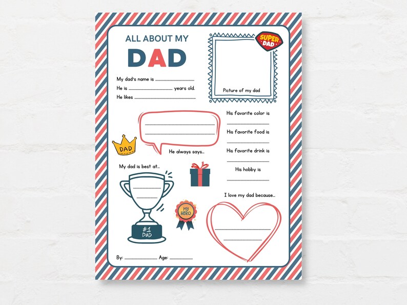 Keep kids engage with this Kids Fathers Day Printable, ‘All About Dad’! This delightful childrens Dad interview activity is a perfect way for little ones to express their love and appreciation.