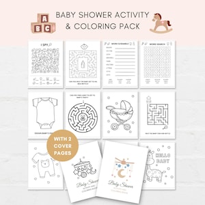 Keep the kids entertained at baby shower with this printable activity pack! This pack includes 10 fun and engaging games as well as 10 beautiful coloring sheets featuring baby shower-themed designs. It can also be used as a party favor.