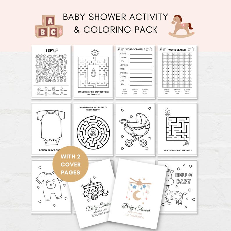 Keep the kids entertained at baby shower with this printable activity pack! This pack includes 10 fun and engaging games as well as 10 beautiful coloring sheets featuring baby shower-themed designs. It can also be used as a party favor.