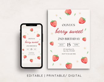 Berry Sweet Birthday Invitation, Strawberry Party Invite, 2nd Birthday Strawberry Party Invite, 3rd Birthday Strawberry Party Invite