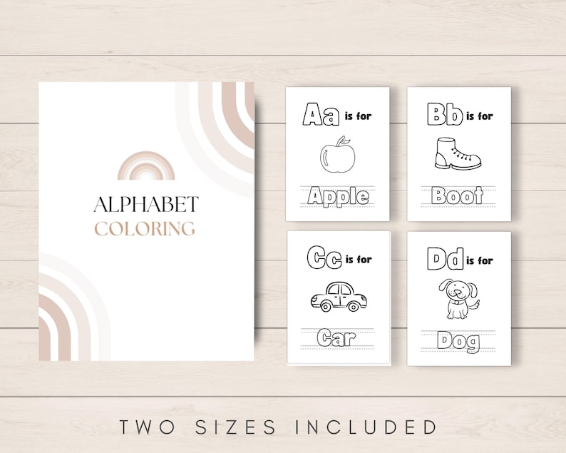 May include: Black and white alphabet coloring pages with illustrations of an apple, boot, car, and dog. The title of the pages is "Alphabet Coloring".