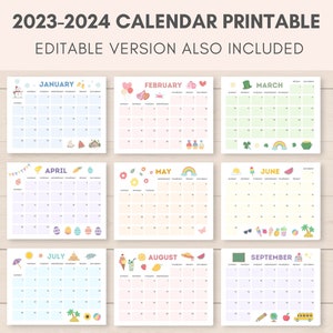 2023-2024 Calendar Printable, Printable Calendar, 2023 Calendar, 2024 Calendar, Monthly Calendar, Kids Calendar, Editable Calendar