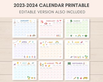 2023-2024 Calendar Printable, Printable Calendar, 2023 Calendar, 2024 Calendar, Monthly Calendar, Kids Calendar, Editable Calendar
