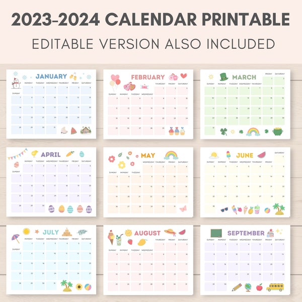 2023-2024 Calendar Printable, Printable Calendar, 2023 Calendar, 2024 Calendar, Monthly Calendar, Kids Calendar, Editable Calendar