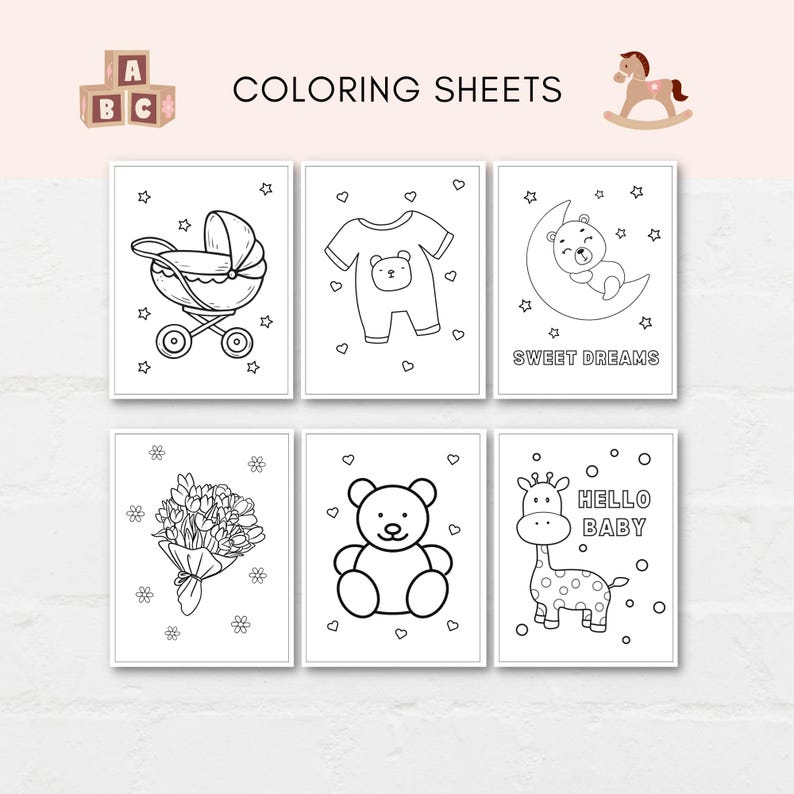 Keep the kids entertained at baby shower with this printable activity pack! This pack includes 10 fun and engaging games as well as 10 beautiful coloring sheets featuring baby shower-themed designs. It can also be used as a party favor.
