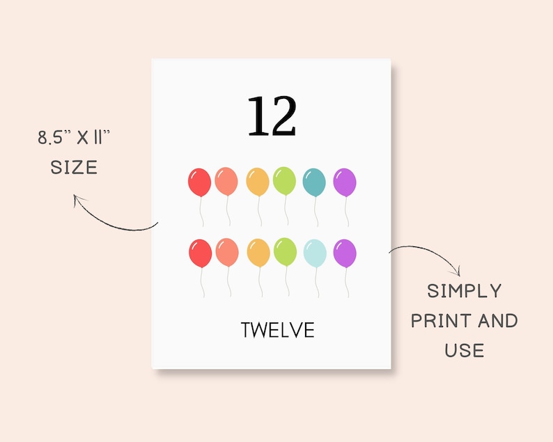 May include: Printable 8.5" x 11" poster with the number 12 and the word "TWELVE" written below. The number is surrounded by 12 colourful balloons in two rows.